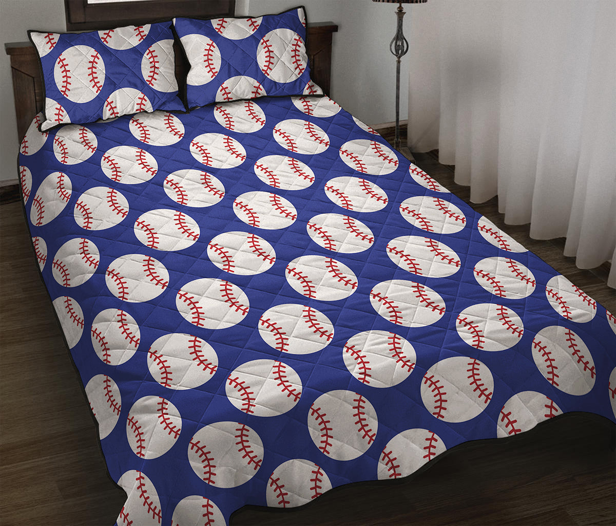 Blue Baseball Pattern Print Quilt Bed Set