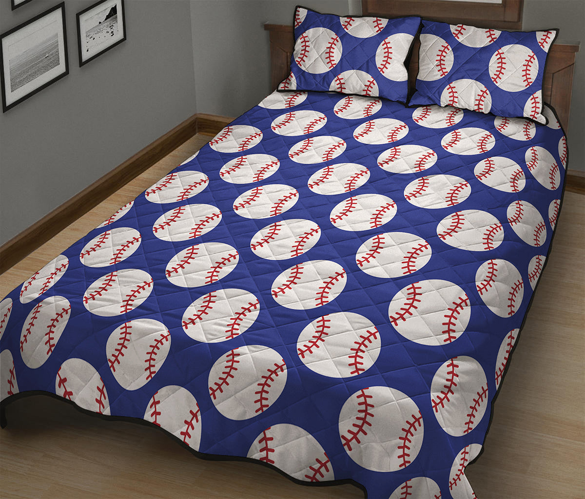 Blue Baseball Pattern Print Quilt Bed Set