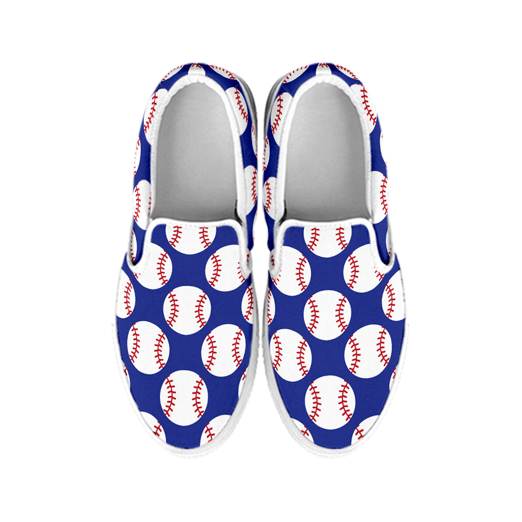 Blue Baseball Pattern Print White Slip On Shoes