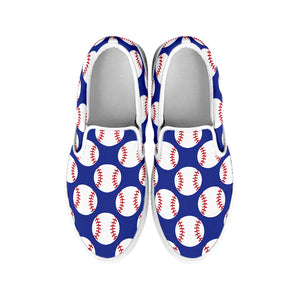 Blue Baseball Pattern Print White Slip On Shoes