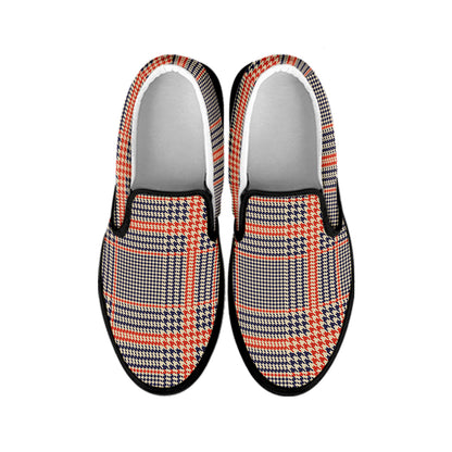 Blue Beige And Orange Glen Plaid Print Black Slip On Shoes