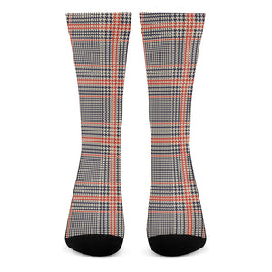 Blue Beige And Orange Glen Plaid Print Crew Socks