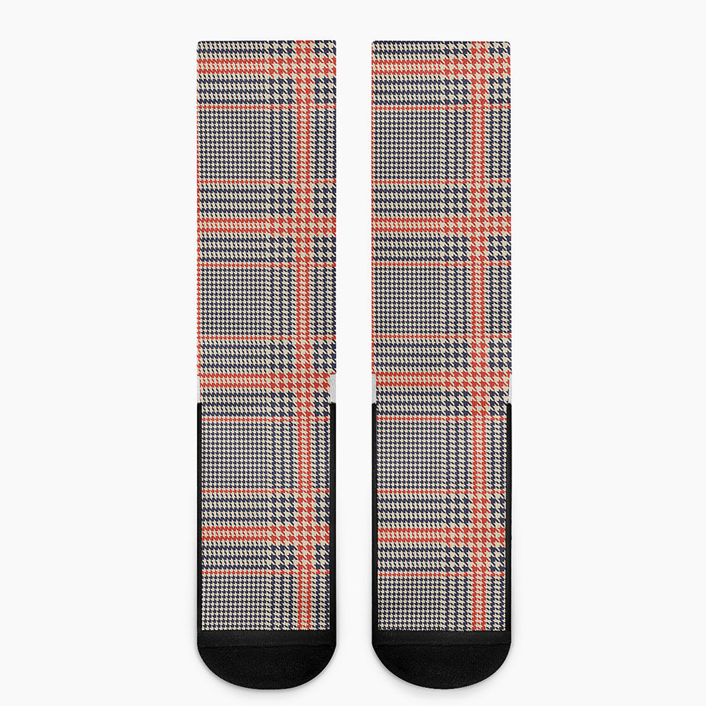 Blue Beige And Orange Glen Plaid Print Crew Socks