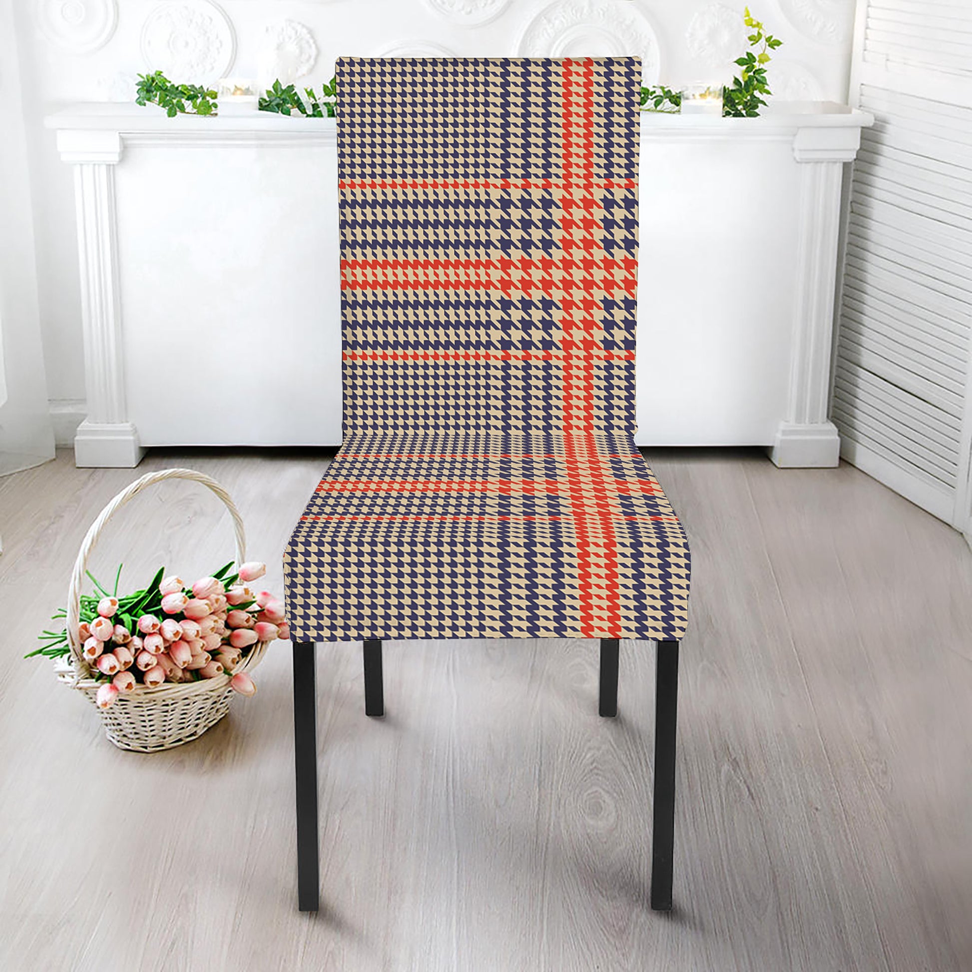 Blue Beige And Orange Glen Plaid Print Dining Chair Slipcover