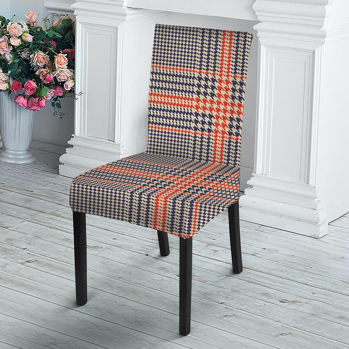 Blue Beige And Orange Glen Plaid Print Dining Chair Slipcover
