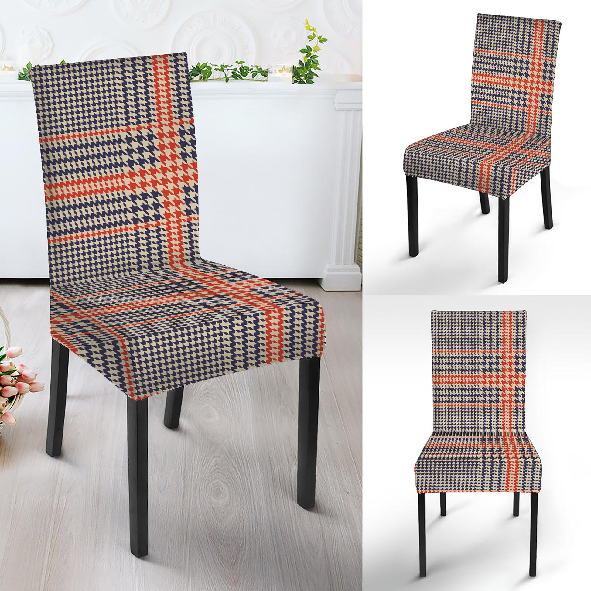 Blue Beige And Orange Glen Plaid Print Dining Chair Slipcover