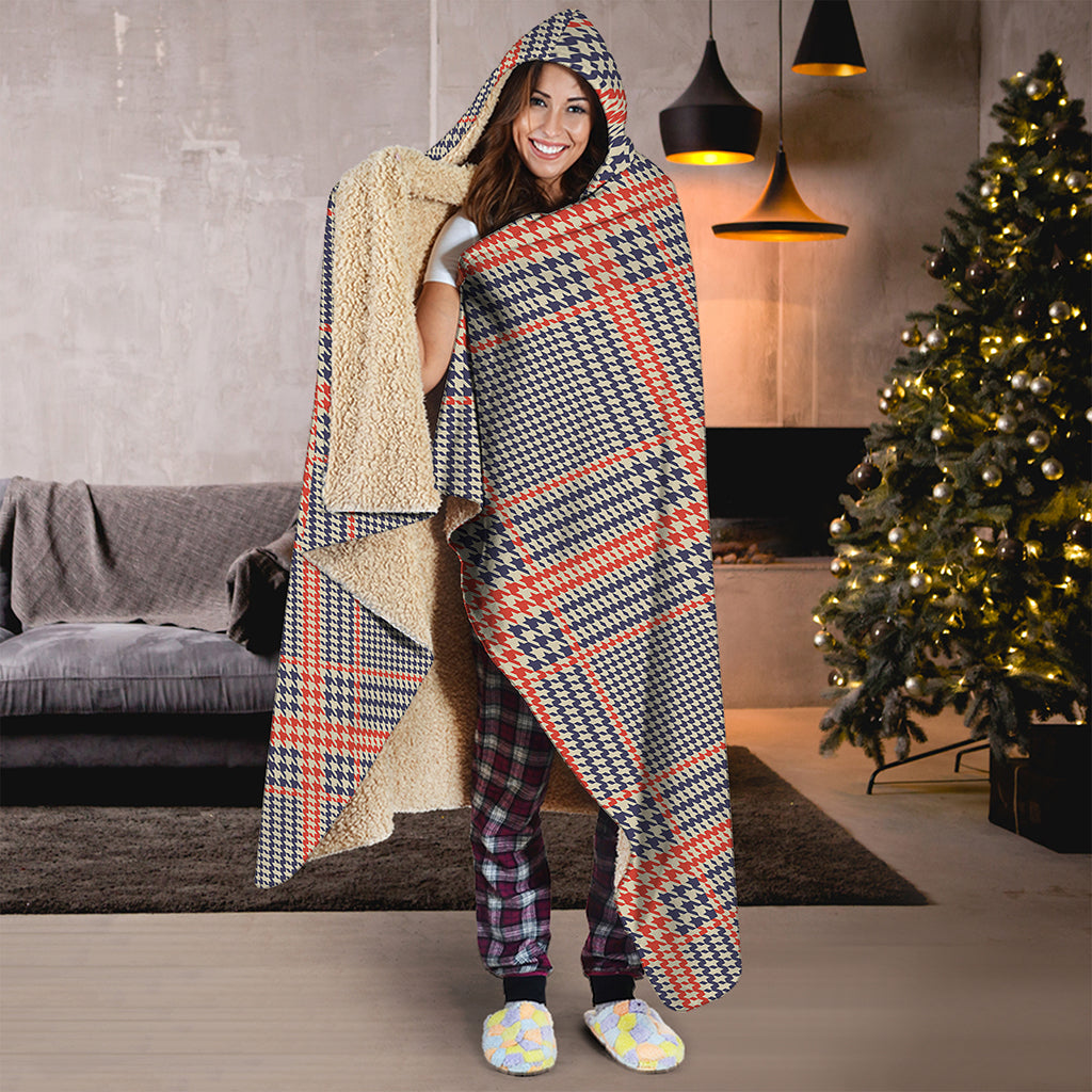 Blue Beige And Orange Glen Plaid Print Hooded Blanket