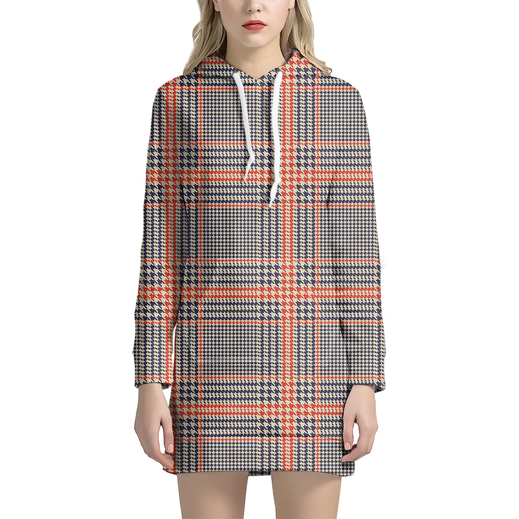 Blue Beige And Orange Glen Plaid Print Hoodie Dress