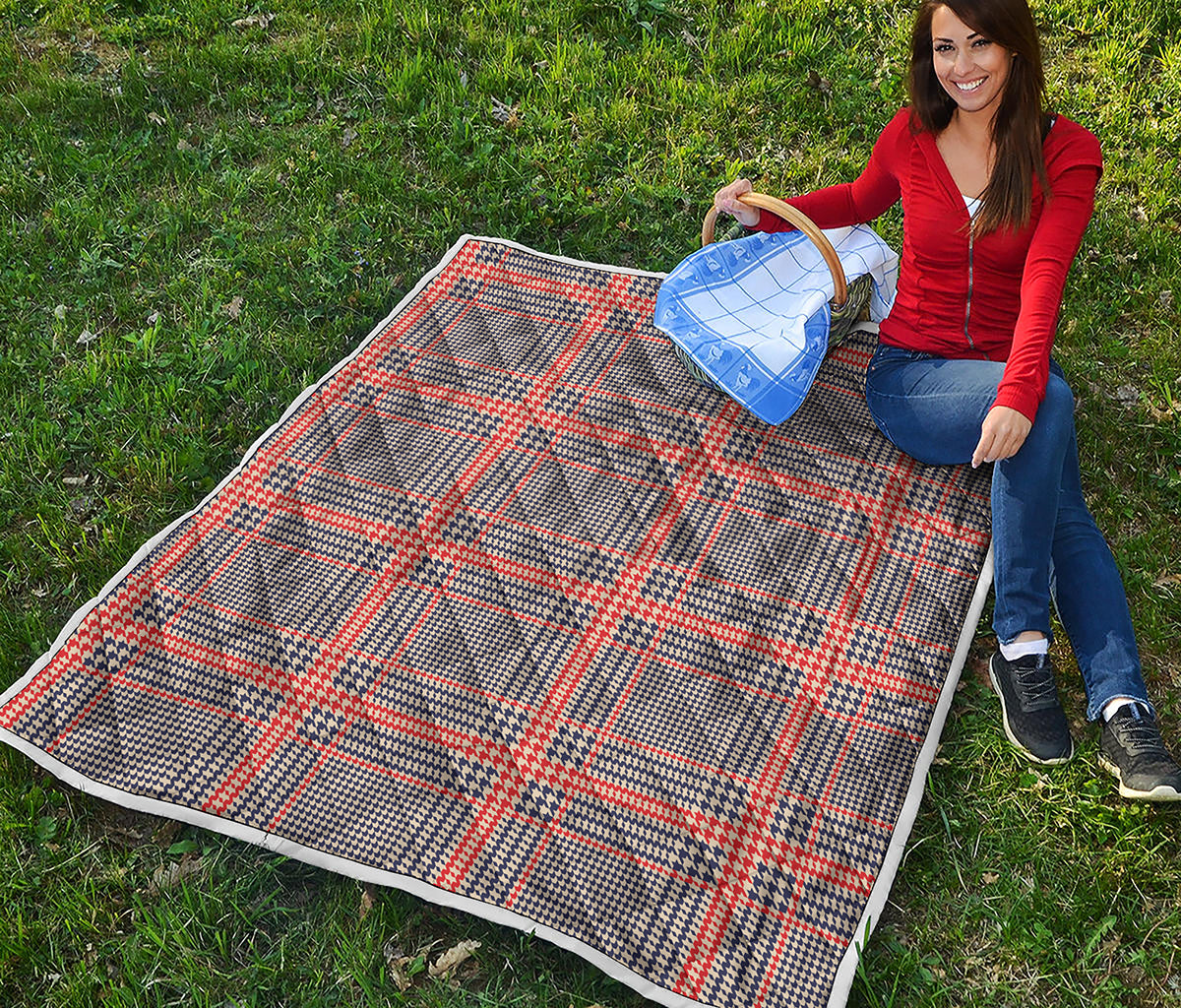 Blue Beige And Orange Glen Plaid Print Quilt