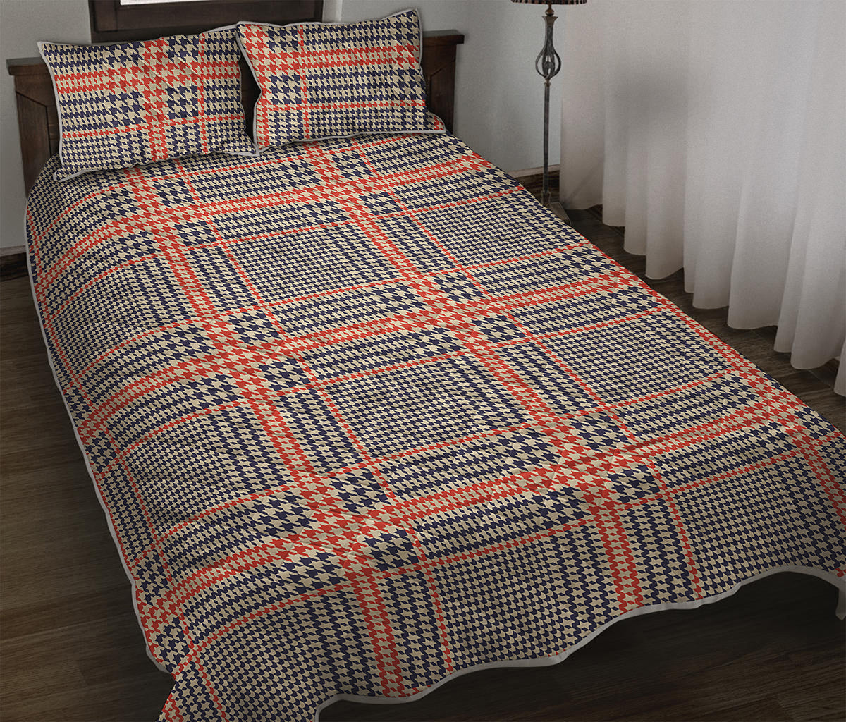 Blue Beige And Orange Glen Plaid Print Quilt Bed Set