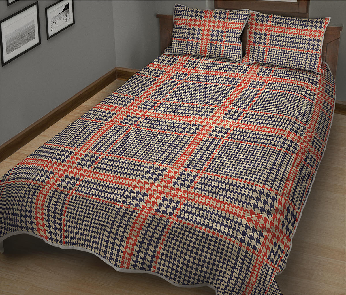 Blue Beige And Orange Glen Plaid Print Quilt Bed Set