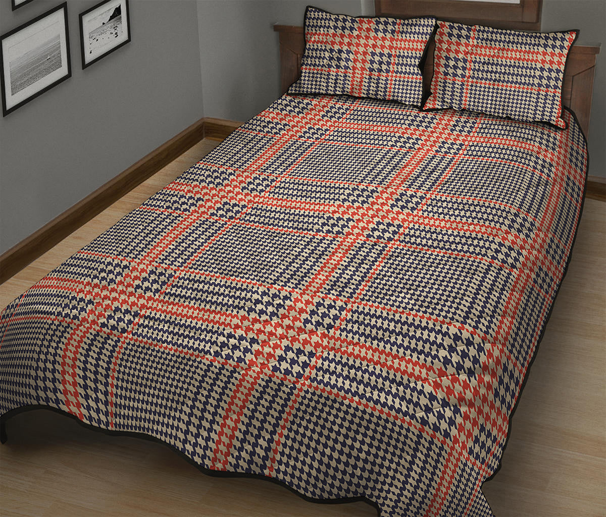 Blue Beige And Orange Glen Plaid Print Quilt Bed Set