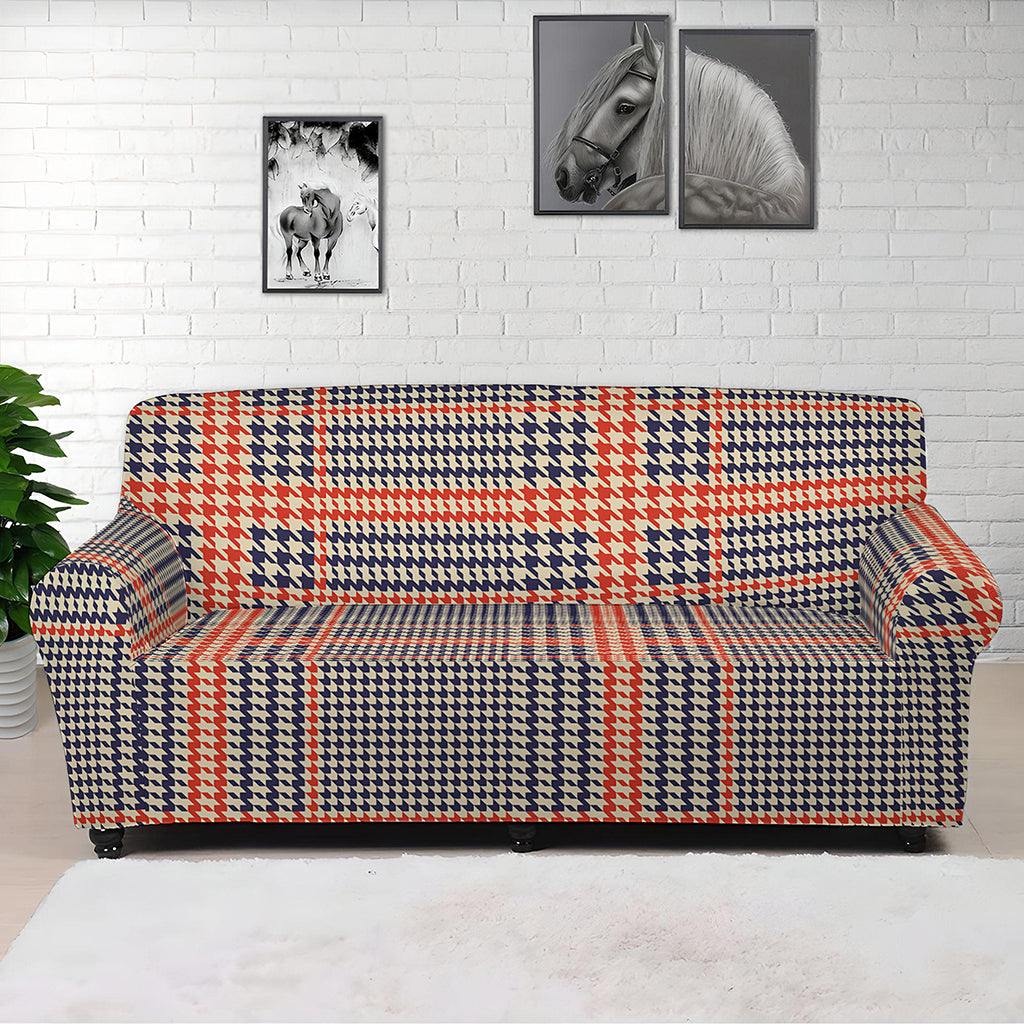 Blue Beige And Orange Glen Plaid Print Sofa Cover