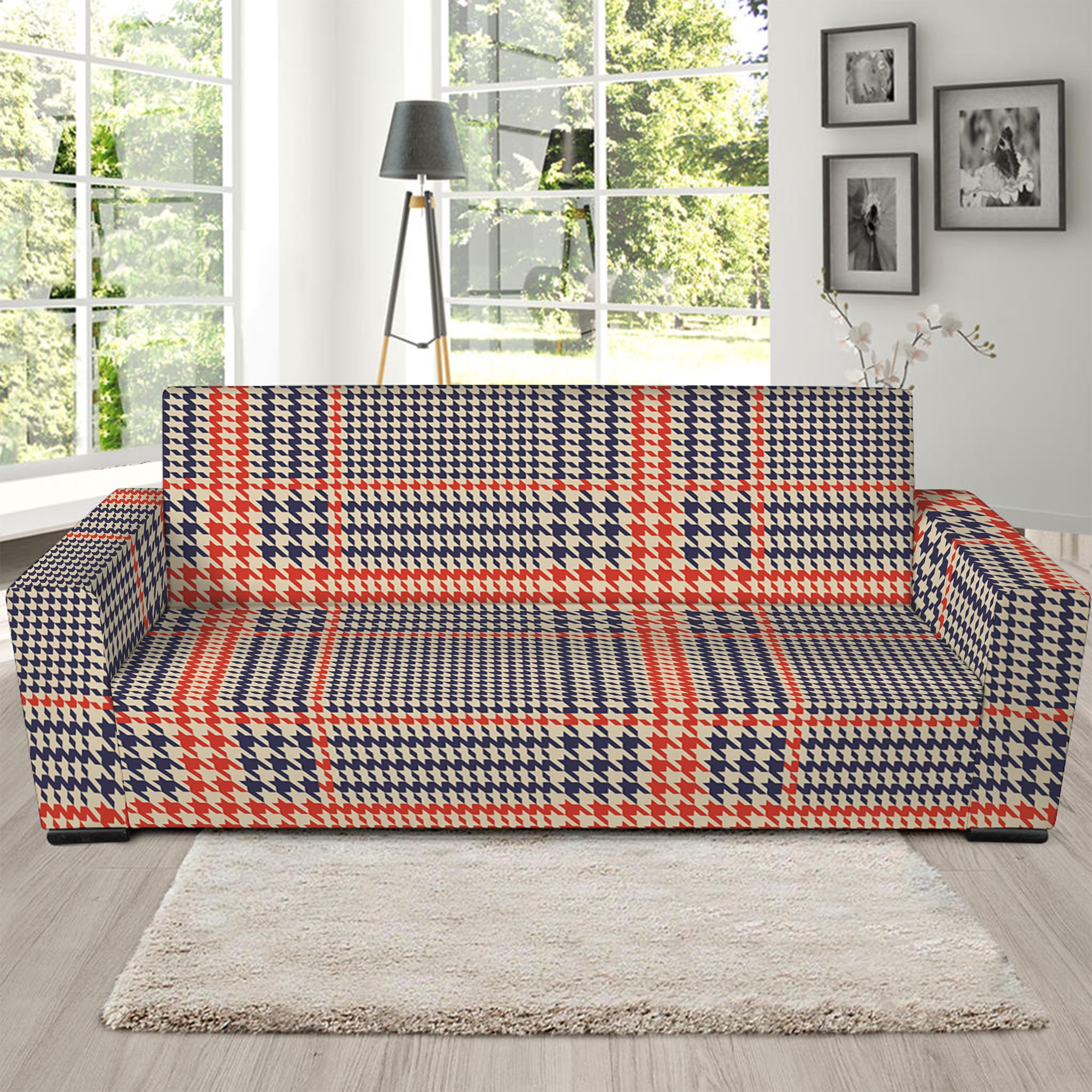 Blue Beige And Orange Glen Plaid Print Sofa Slipcover