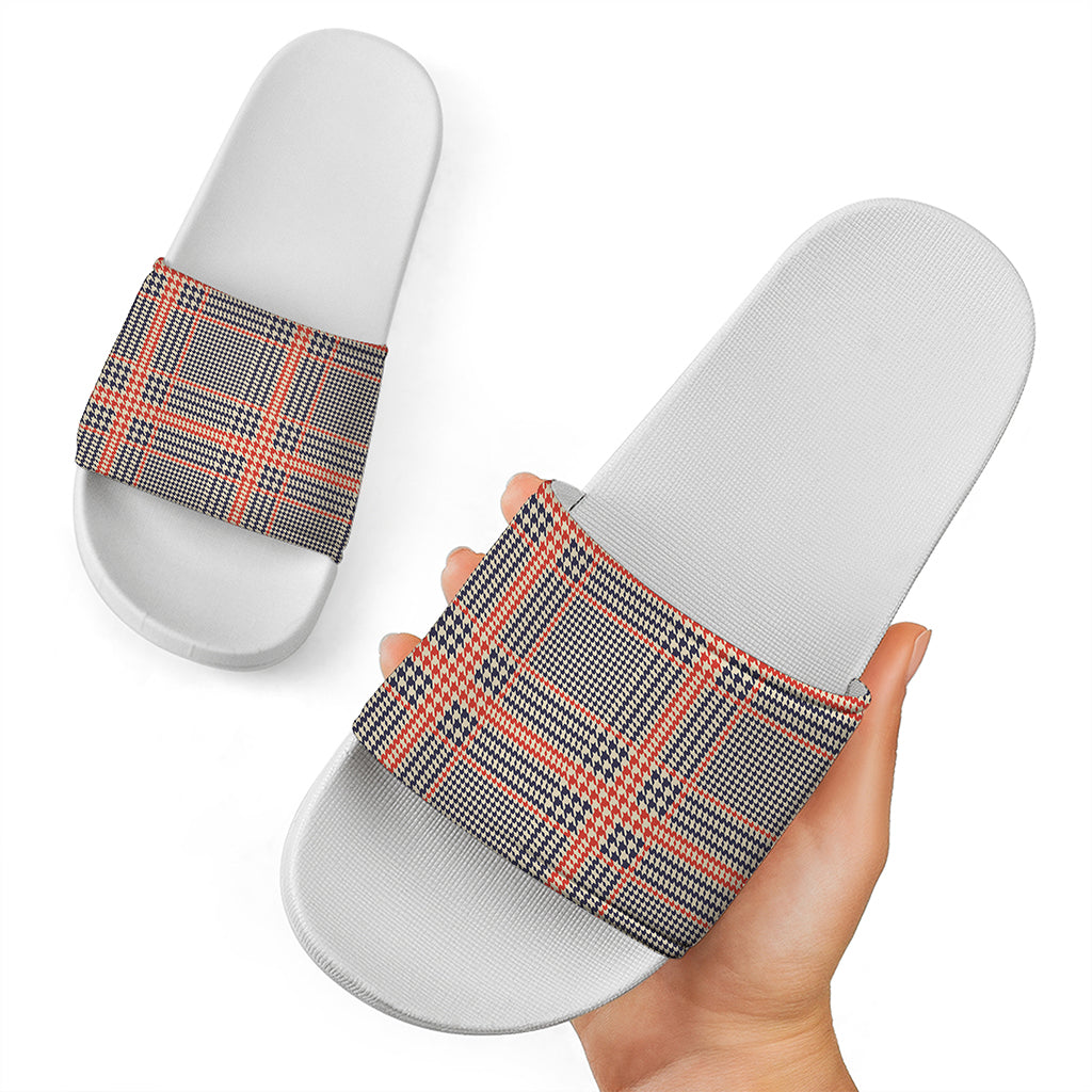 Blue Beige And Orange Glen Plaid Print White Slide Sandals
