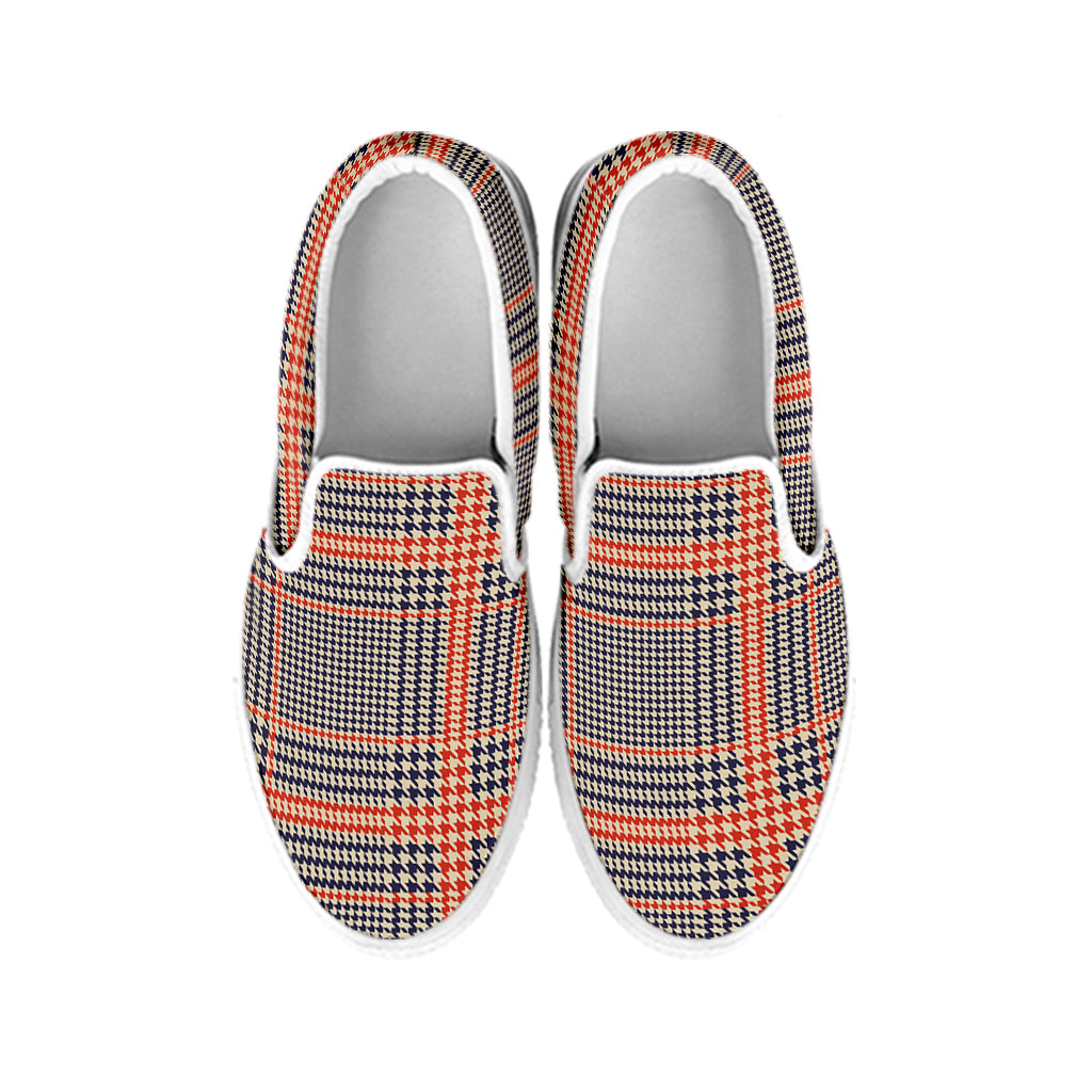 Blue Beige And Orange Glen Plaid Print White Slip On Shoes