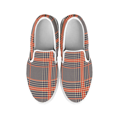 Blue Beige And Orange Glen Plaid Print White Slip On Shoes