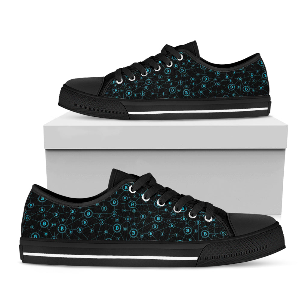 Blue Bitcoin Pattern Print Black Low Top Shoes