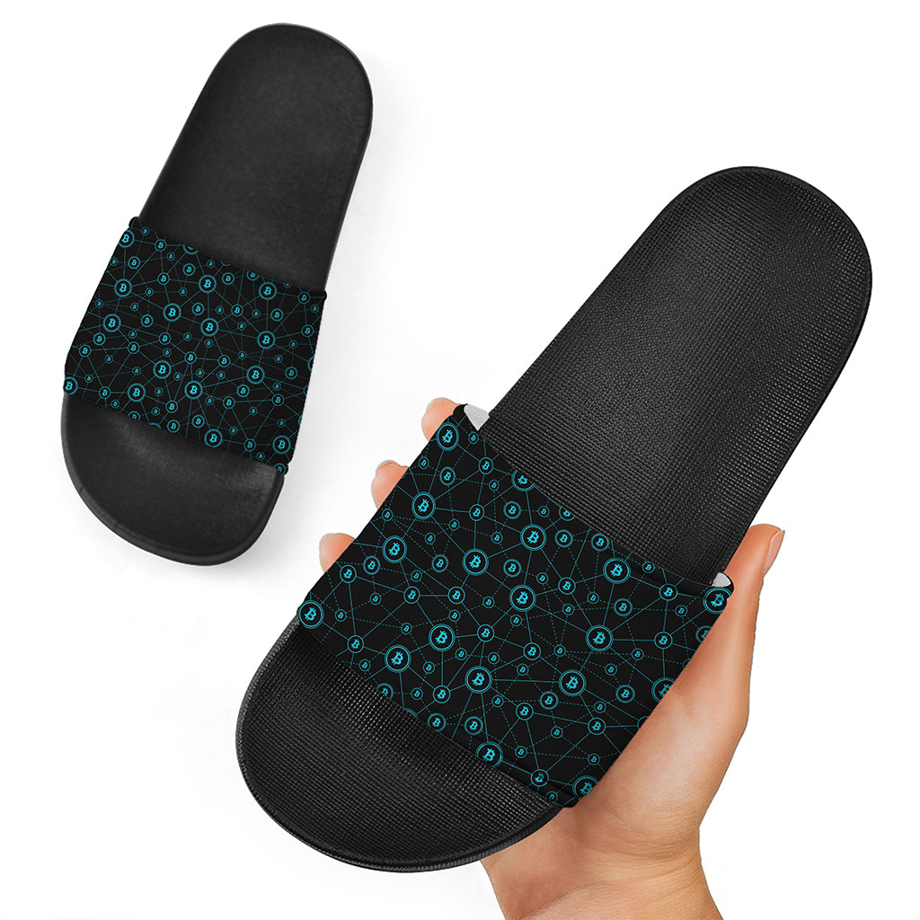 Blue Bitcoin Pattern Print Black Slide Sandals