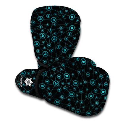 Blue Bitcoin Pattern Print Boxing Gloves