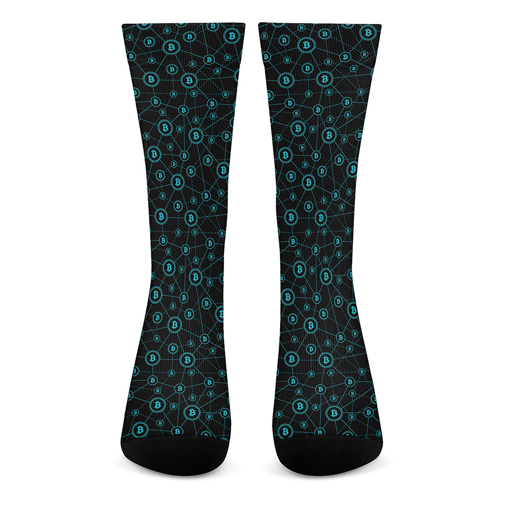 Blue Bitcoin Pattern Print Crew Socks