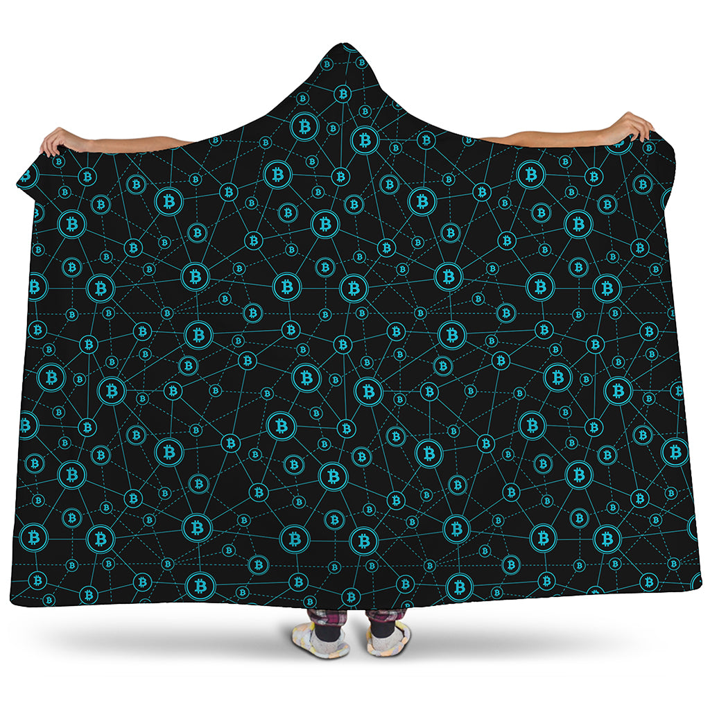 Blue Bitcoin Pattern Print Hooded Blanket