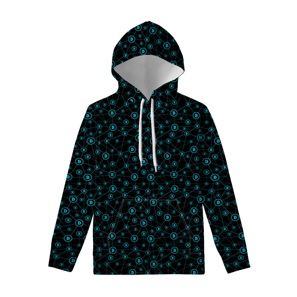 Blue Bitcoin Pattern Print Pullover Hoodie