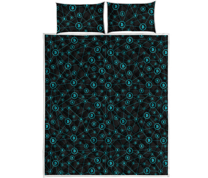 Blue Bitcoin Pattern Print Quilt Bed Set