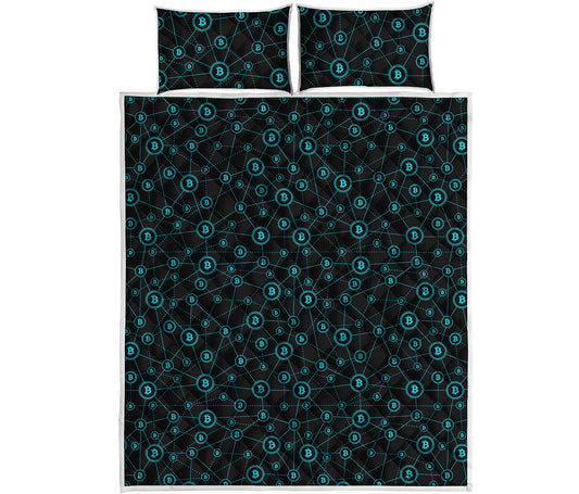 Blue Bitcoin Pattern Print Quilt Bed Set
