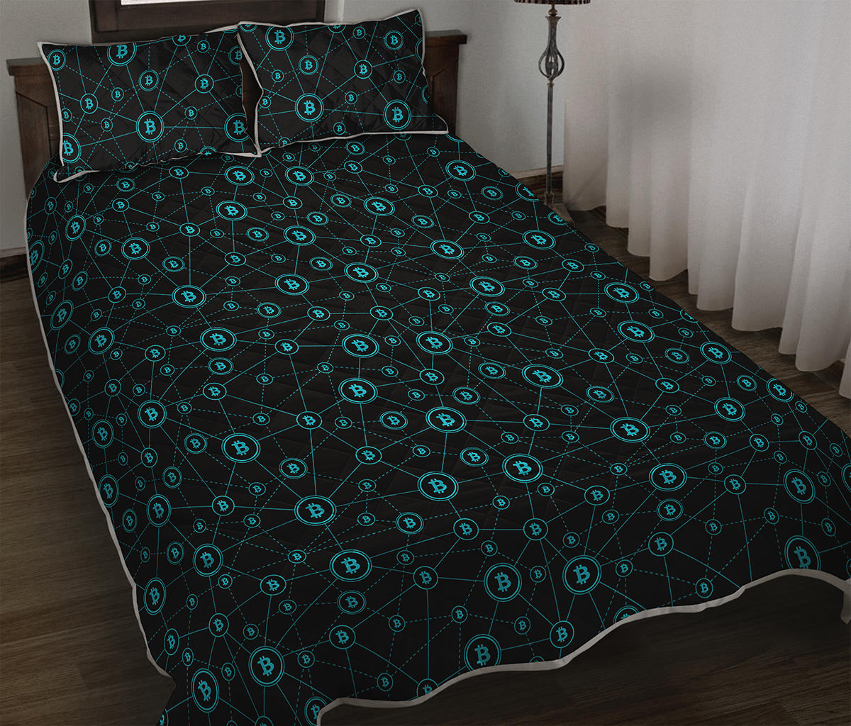Blue Bitcoin Pattern Print Quilt Bed Set