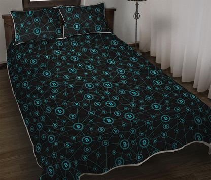 Blue Bitcoin Pattern Print Quilt Bed Set