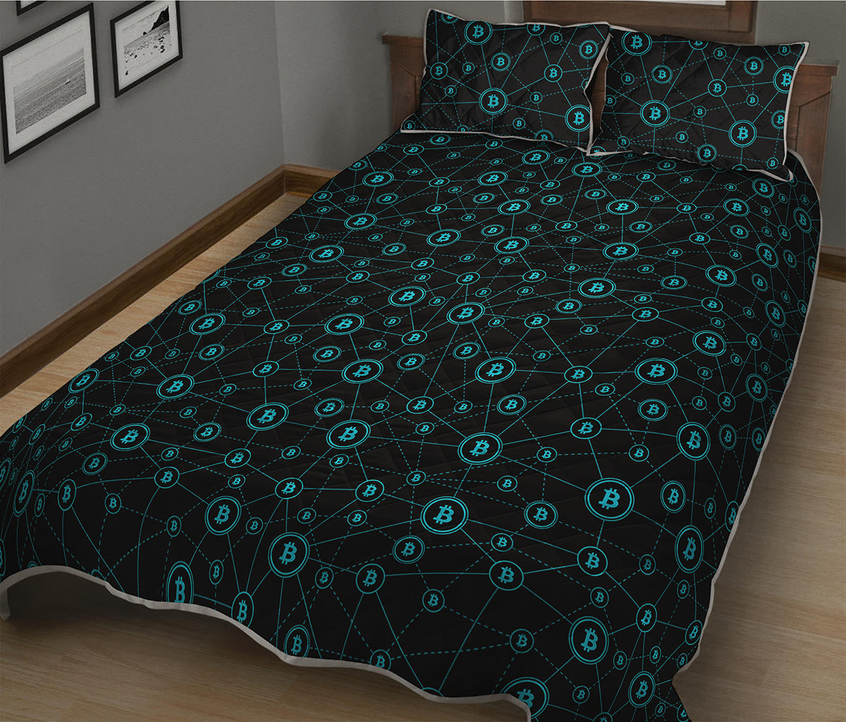 Blue Bitcoin Pattern Print Quilt Bed Set