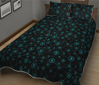 Blue Bitcoin Pattern Print Quilt Bed Set