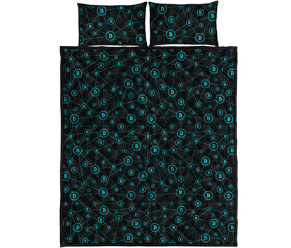 Blue Bitcoin Pattern Print Quilt Bed Set
