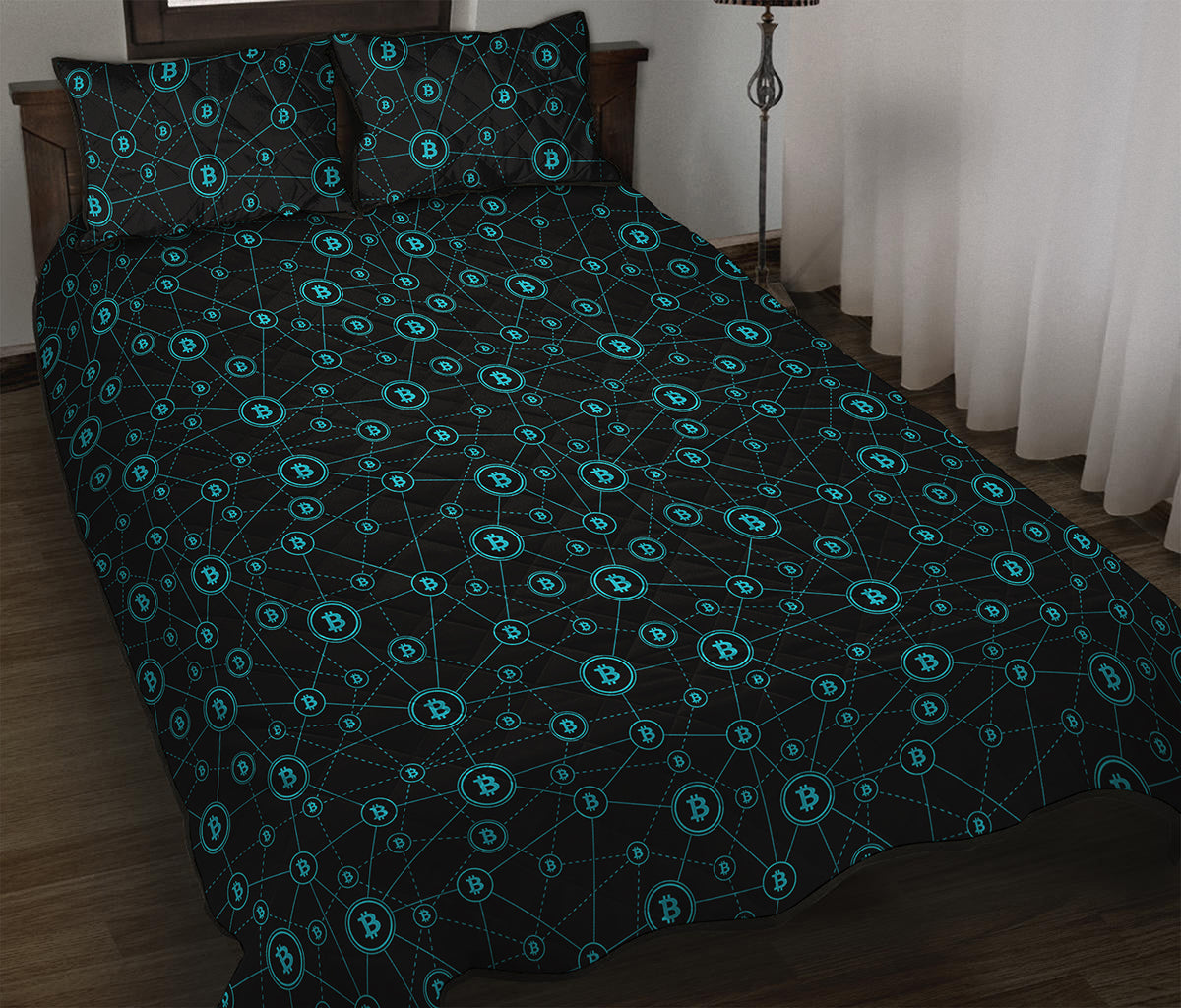 Blue Bitcoin Pattern Print Quilt Bed Set