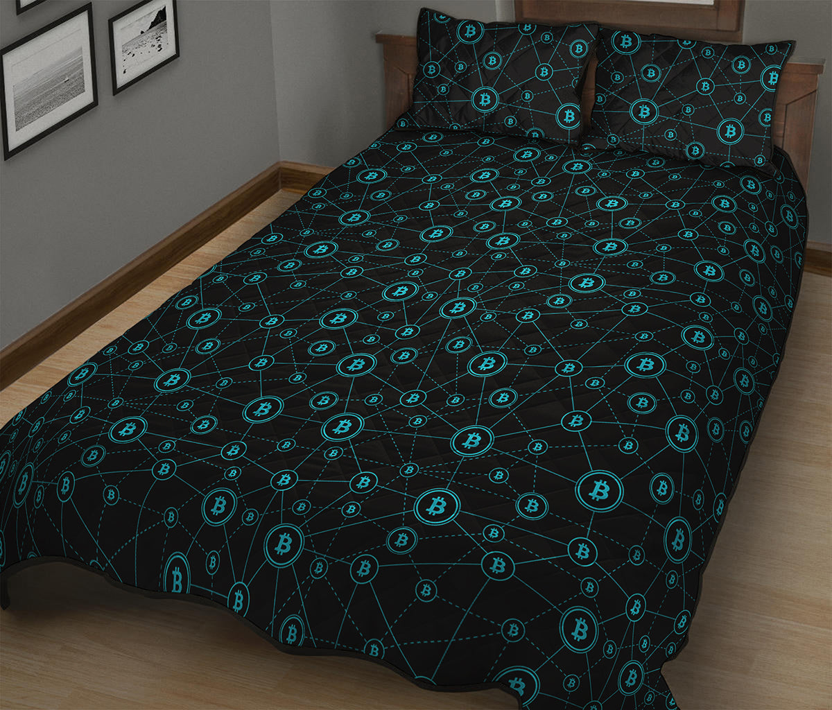 Blue Bitcoin Pattern Print Quilt Bed Set