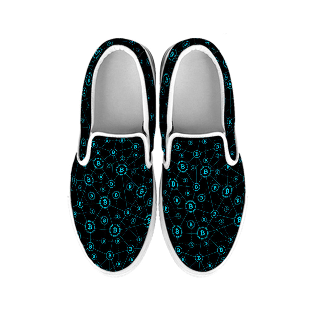 Blue Bitcoin Pattern Print White Slip On Shoes