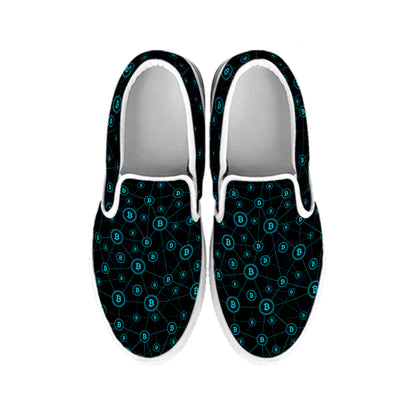 Blue Bitcoin Pattern Print White Slip On Shoes