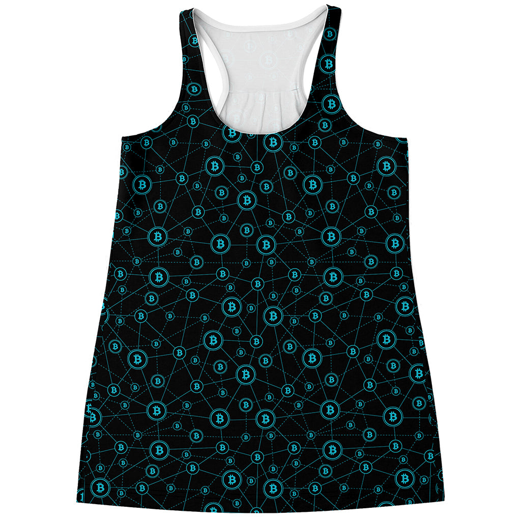 Blue Bitcoin Pattern Print Women's Racerback Tank Top