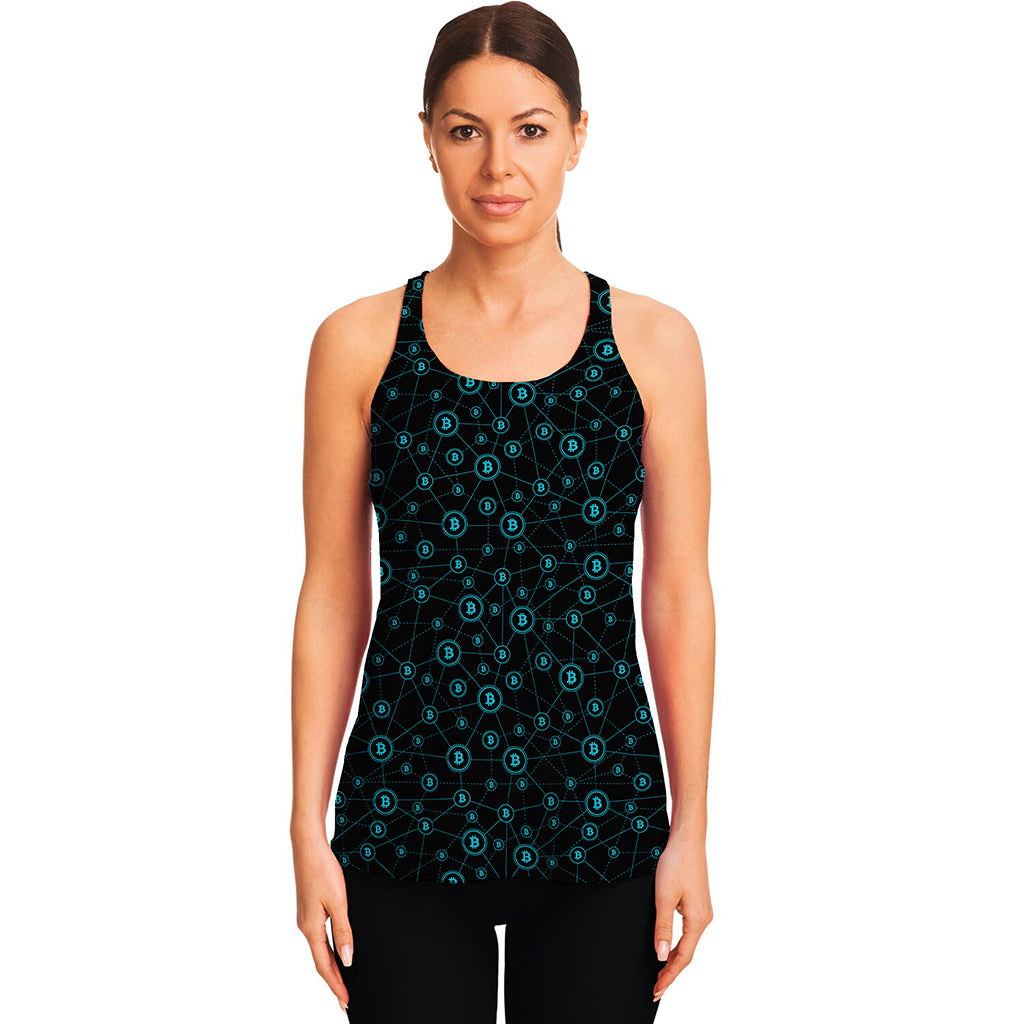 Blue Bitcoin Pattern Print Women's Racerback Tank Top