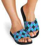 Blue Black And Purple Argyle Print Black Slide Sandals