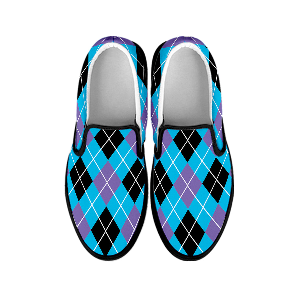Blue Black And Purple Argyle Print Black Slip On Shoes