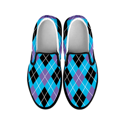 Blue Black And Purple Argyle Print Black Slip On Shoes