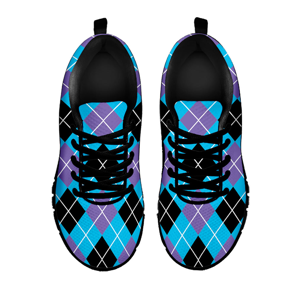 Blue Black And Purple Argyle Print Black Sneakers