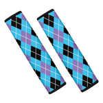 Blue Black And Purple Argyle Print Car Seat Belt Covers