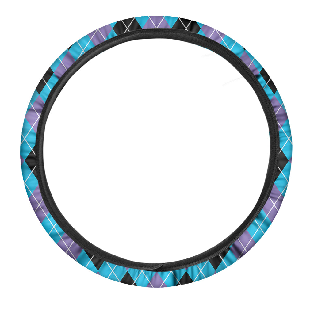 Blue Black And Purple Argyle Print Car Steering Wheel Cover