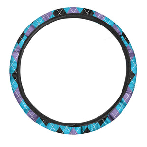 Blue Black And Purple Argyle Print Car Steering Wheel Cover