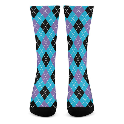 Blue Black And Purple Argyle Print Crew Socks