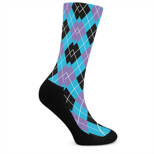 Blue Black And Purple Argyle Print Crew Socks