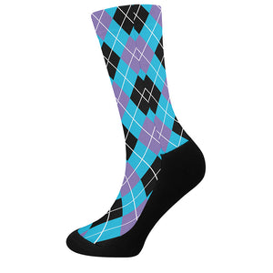 Blue Black And Purple Argyle Print Crew Socks